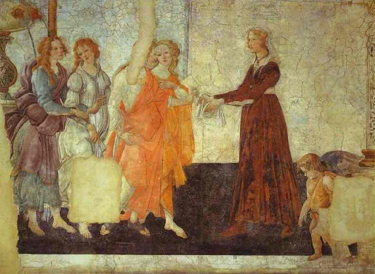 Sandro Botticelli Venus and the Three Graces presenting Gifts to Young Woman